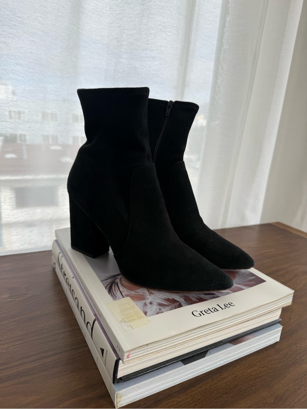 Loeffler Randall Black Suede Pointed Toe Block Heel Ankle Boots